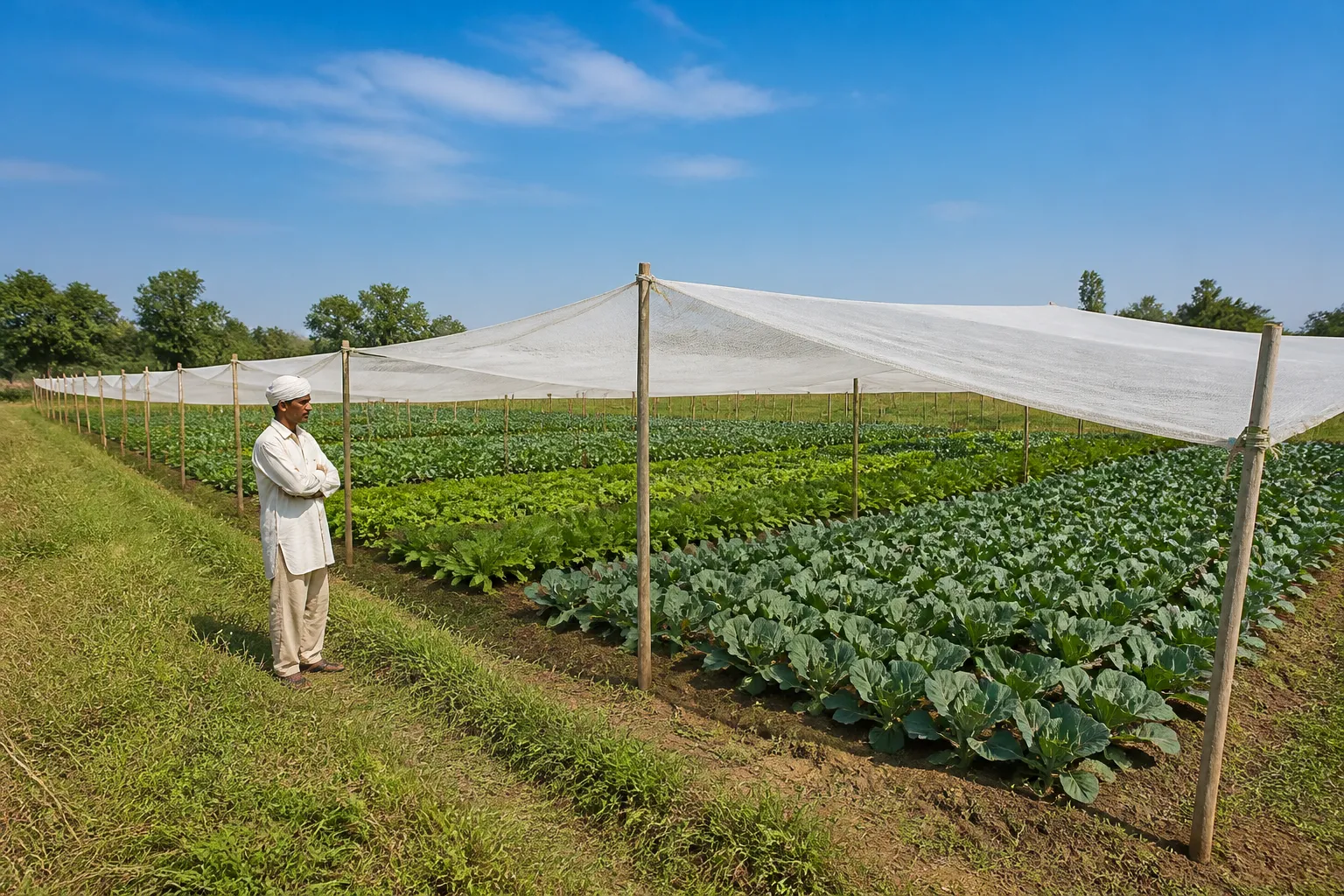 Shade net over vegetable crop on an Indian farm