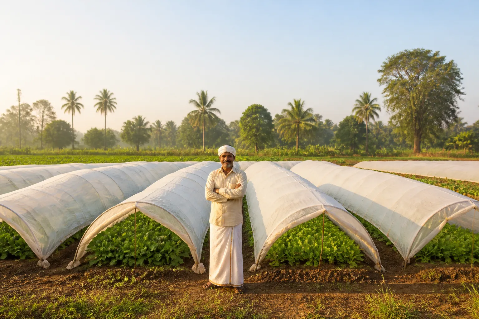 Crop covers protecting vegetable rows on a farm
