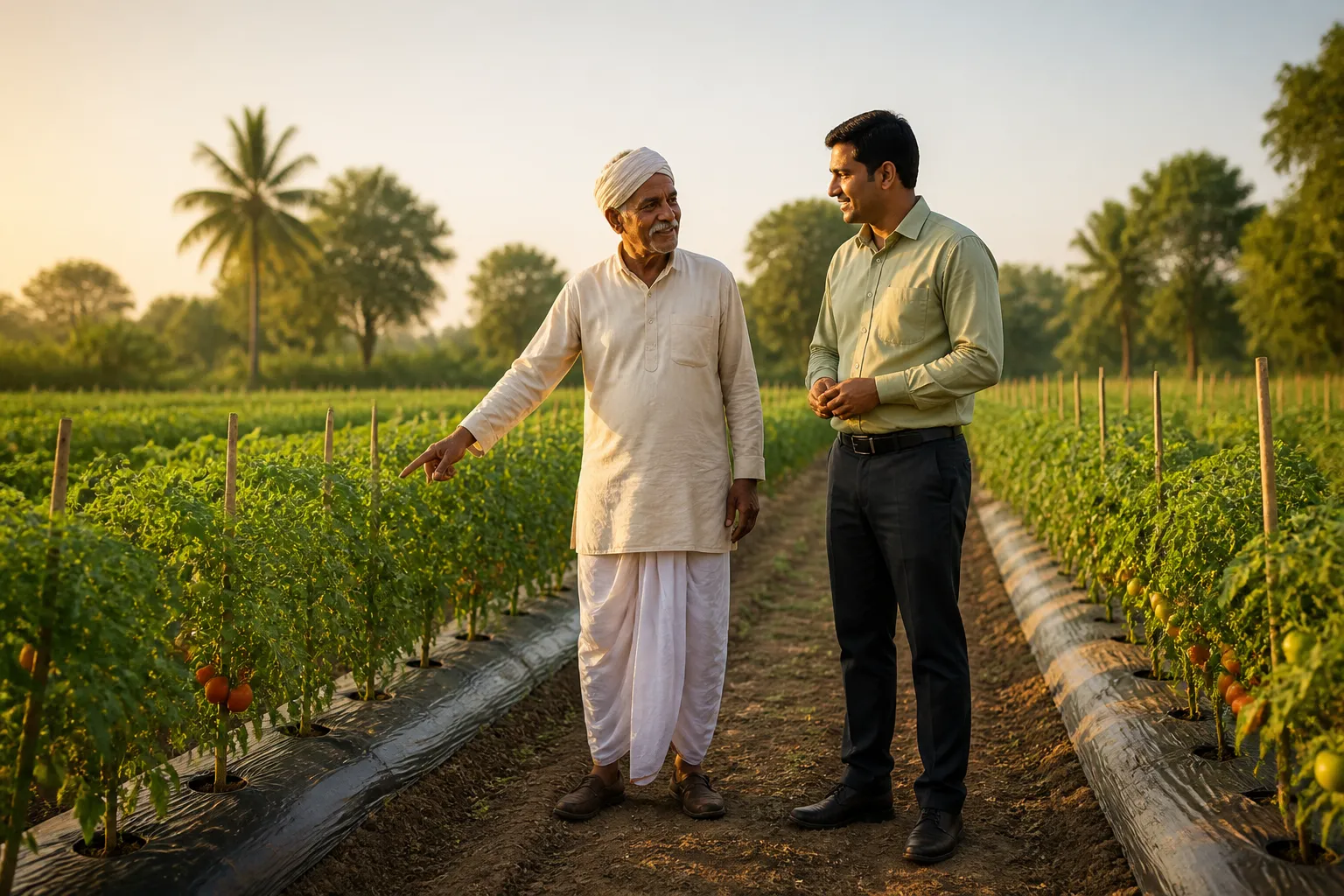 Farmer and Significant Enterprises advisor discussing crop solutions in a mulch film vegetable field