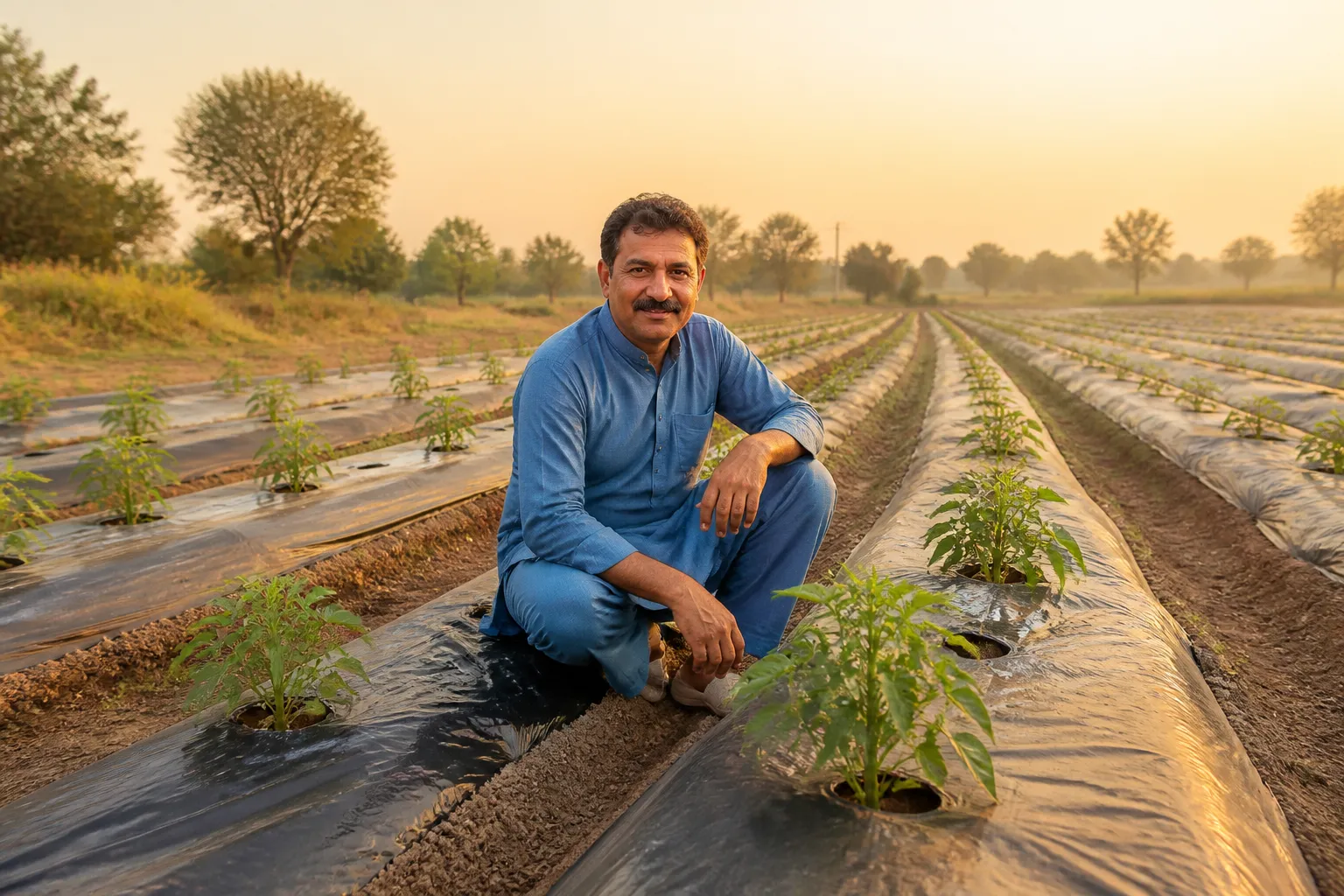 Farmer inspecting mulch film over vegetable beds in an Indian field
